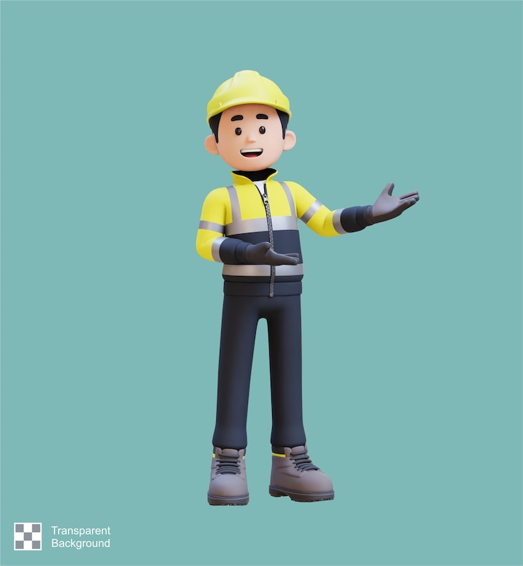 PSD personagem de trabalhador de construção 3d apresentando a postura esquerda