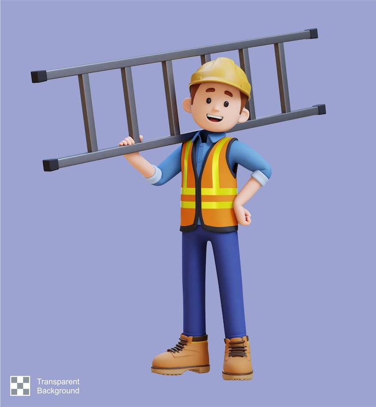 PSD personagem de trabalhador de construção 3d carregando uma escada no ombro