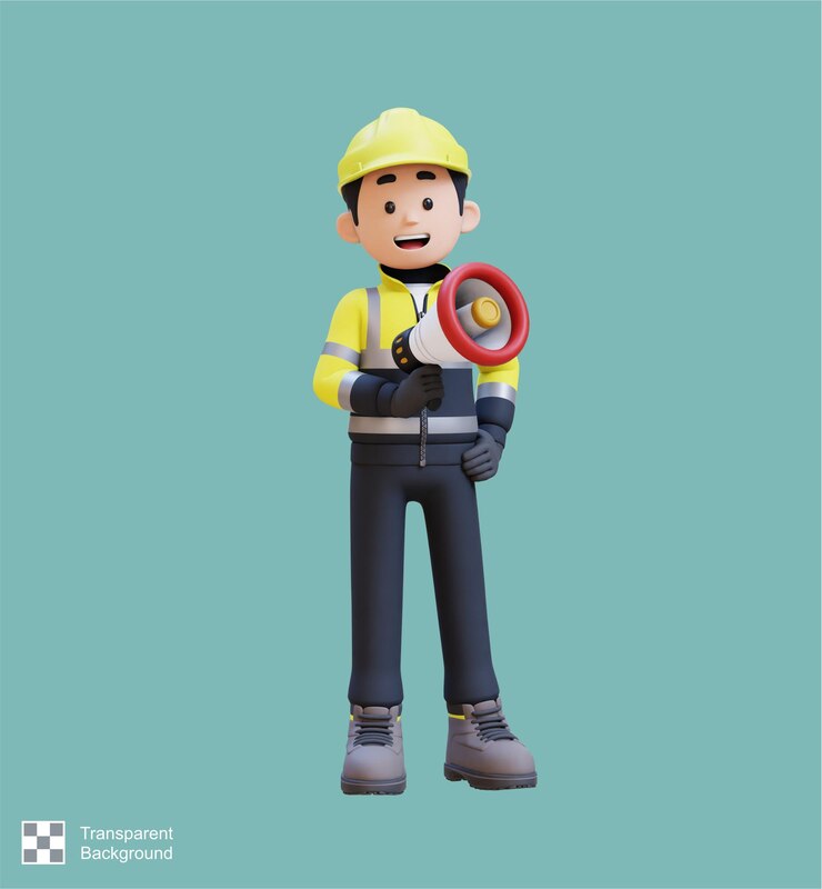 PSD personagem de trabalhador de construção 3d segurando megafone