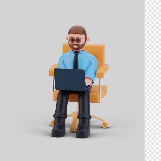 Personagem do homem de negócios e laptop, renderização em 3D