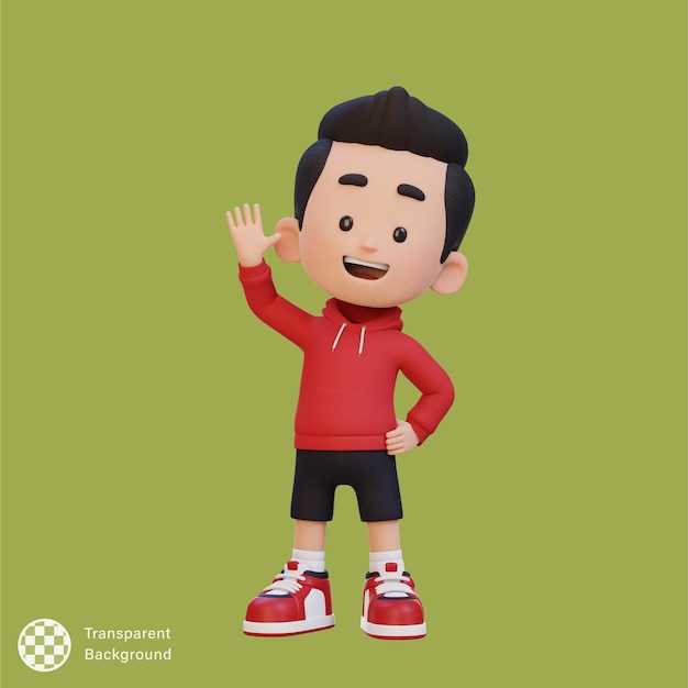 Personagem em 3D agitando a mão com um rosto bonito e feliz