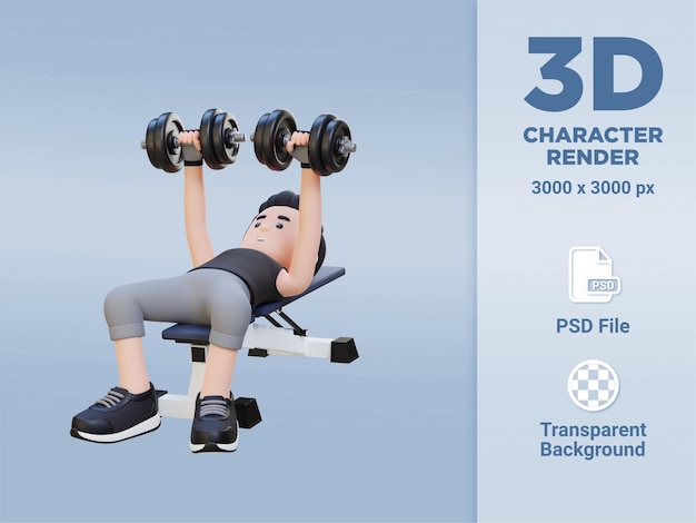 Personagem esportista 3d esculpindo físico muscular com supino com halteres