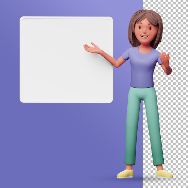Personagem feminina 3D apresentando-se em um quadro