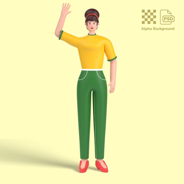 Personagem feminina 3d dizendo olá com acenando a mão