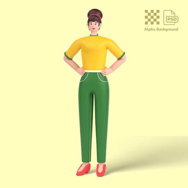 PSD personagem feminina 3d segurando as mãos na pose da cintura