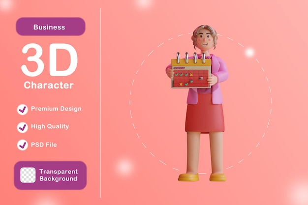 Personagem feminina 3d segurando calendário com fundo transparente