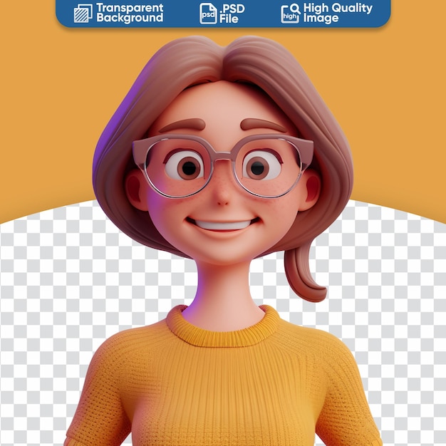 PSD personagem feminina bonita uma mulher sorridente feliz em uma simples ilustração de desenho animado 3d