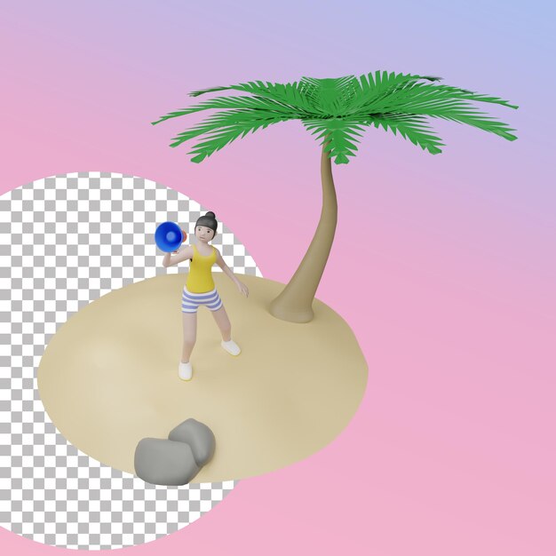 Personagem feminina de verão 3d falando no megafone