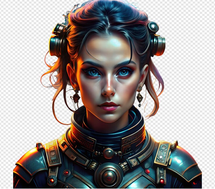 PSD personagem feminina futurista em armadura cyberpunk com olhar intenso