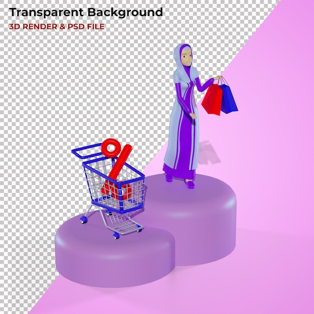 Personagem feminina muçulmana 3d desconto de compras transparente psd premium