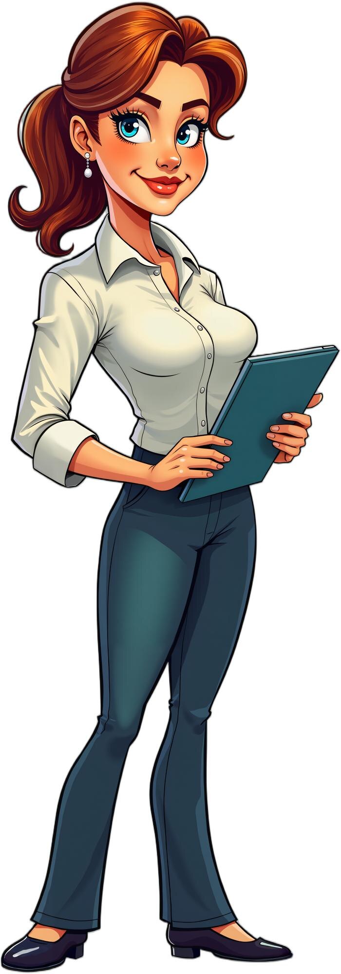 PSD personagem feminino animado estilizado vestido com trajes profissionais, incluindo uma blusa branca e calças escuras, segurando um clipboard e de pé com confiança, isolado em fundo transparente