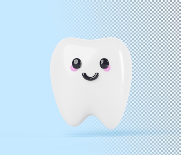 PSD personagem kawaii de desenho animado de dente de bebê bonito com sorriso 3d render ícone de dentes felizes e saudáveis para clínica de odontologia infantil em fundo azul higiene dentária e cuidados de saúde bucal ilustração 3d