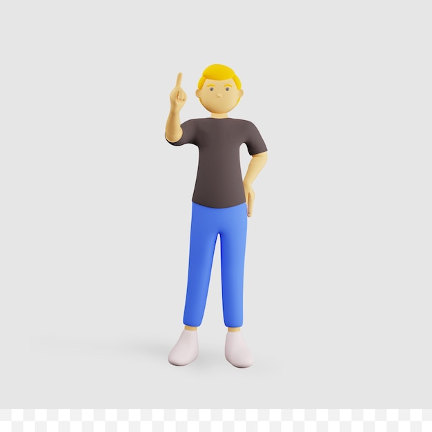 Personagem masculina 3d com pose deslizando para cima e apontando para cima