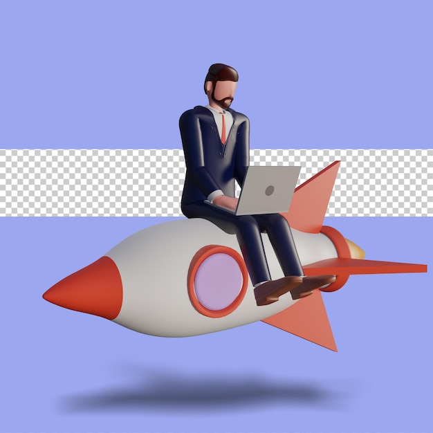 Personagem masculina 3D está digitando no laptop e sentado no foguete.