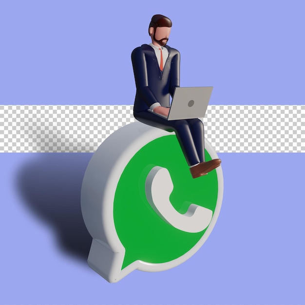 PSD personagem masculina 3d está digitando no laptop e sentado no logotipo do whatsapp.