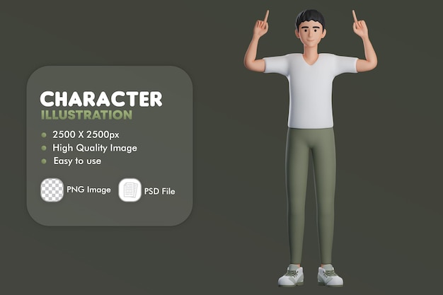 Personagem masculino 3D apontando para cima use as duas mãos