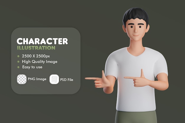 Personagem masculino 3D apontando para o lado esquerdo