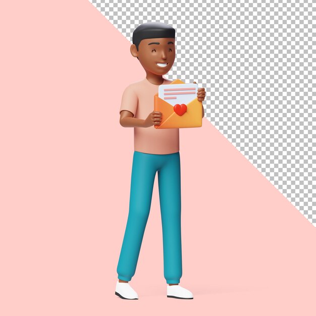 PSD personagem masculino 3d com carta de amor de dia dos namorados