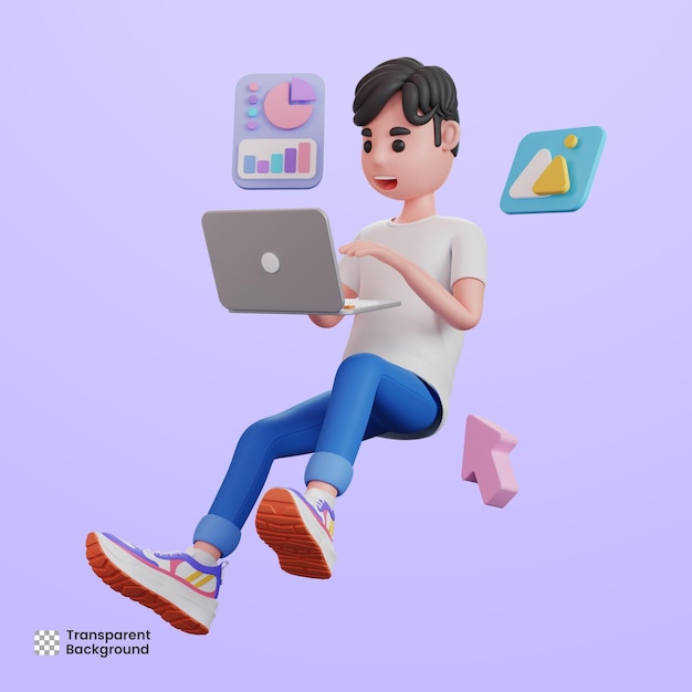 PSD personagem masculino 3d com laptop analisando dados