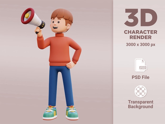 Personagem masculino 3d dá anúncio de uso de megafone