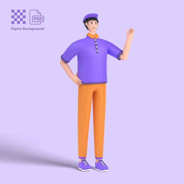 Personagem masculino 3d mostrando pose de gesto agradável