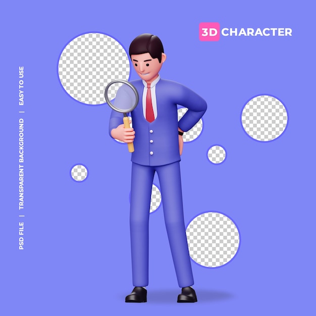 PSD personagem masculino 3d procurando algo com fundo transparente