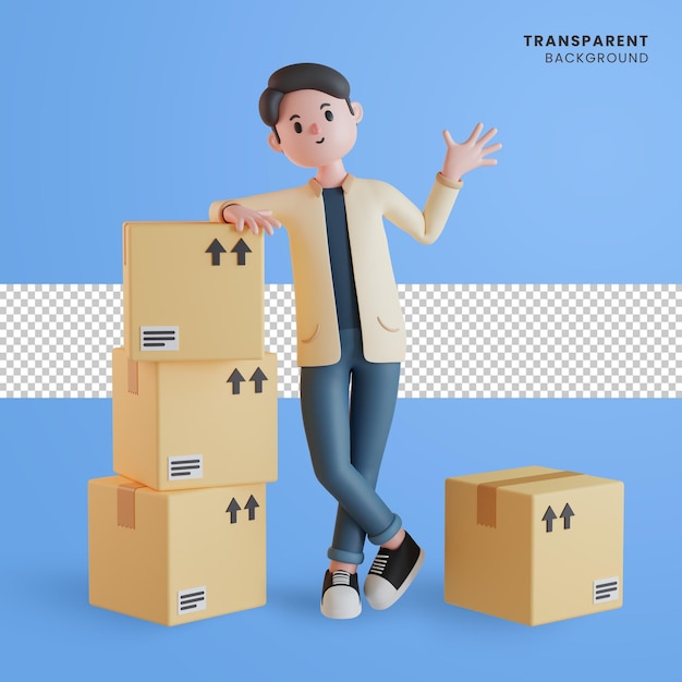 personagem masculino 3d se apóia no pacote de caixa