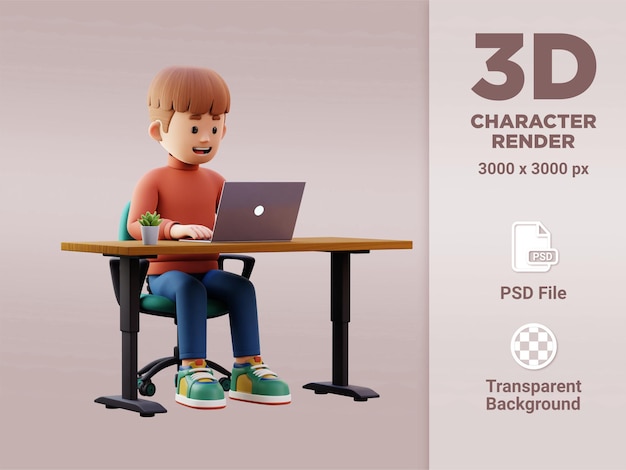 Personagem masculino 3d trabalhando em um laptop