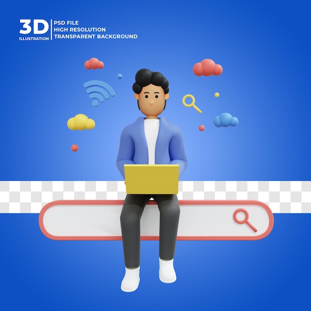 Personagem masculino 3d trabalhando usando a barra de pesquisa freelancer do laptop renderização 3d premium psd