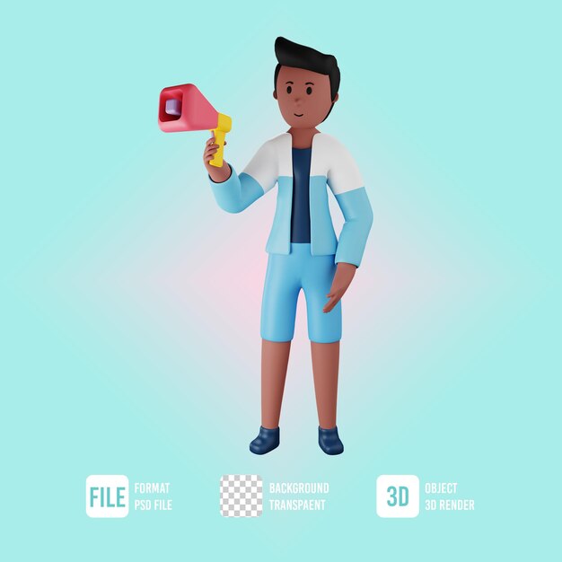 PSD personagem masculino de verão 3d com ilustração de megafone