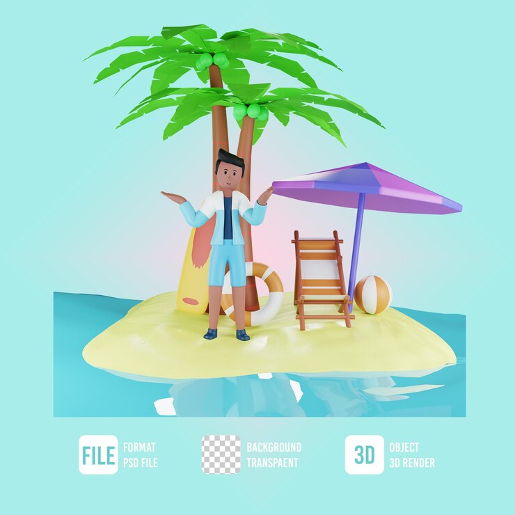 PSD personagem masculino de verão 3d fazendo a pose sem ideia com ilustração de praia