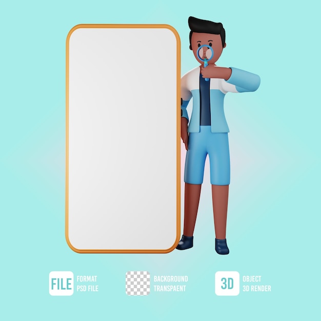 personagem masculino de verão 3d procurando algo com objeto de telefone de mão