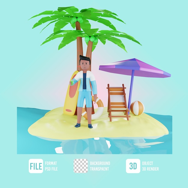 personagem masculino de verão 3d segurando copos de bebida com ilustração de praia