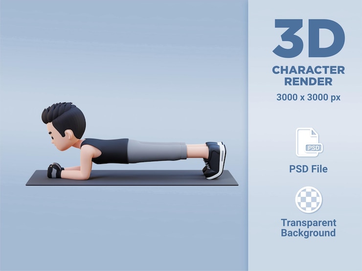 PSD personagem masculino esportivo 3d dinâmico dominando o exercício de prancha na academia em casa