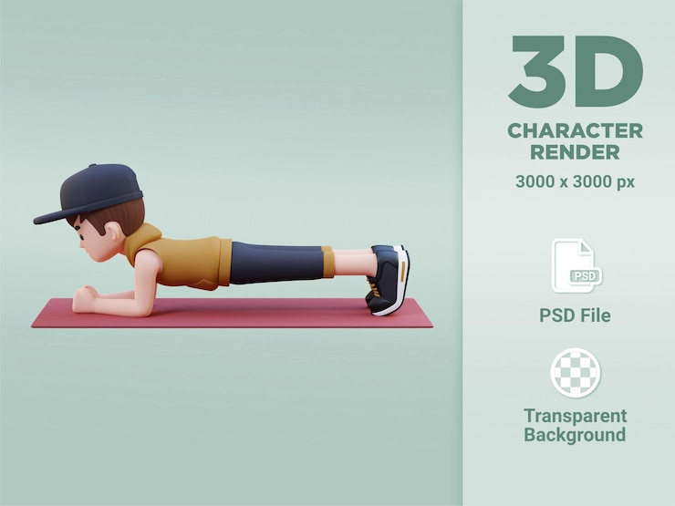PSD personagem masculino esportivo 3d dinâmico dominando o exercício de prancha na academia em casa