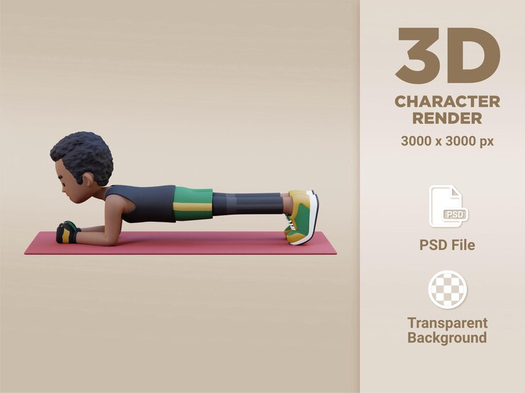 PSD personagem masculino esportivo 3d dinâmico dominando o exercício de prancha na academia em casa