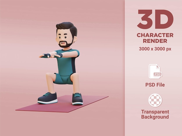 PSD personagem masculino esportivo 3d dominando o agachamento na academia em casa