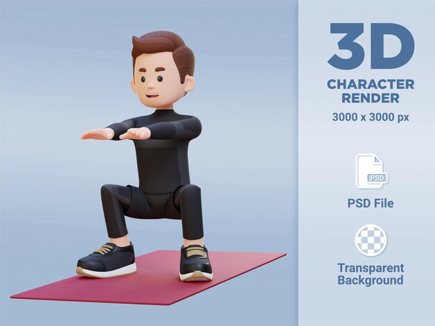 PSD personagem masculino esportivo 3d dominando o agachamento na academia em casa