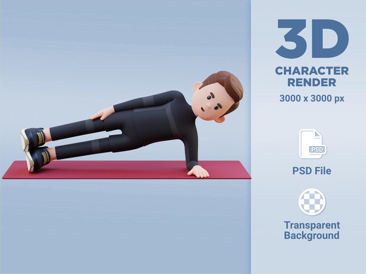 PSD personagem masculino esportivo 3d pregando o exercício de prancha lateral na academia em casa