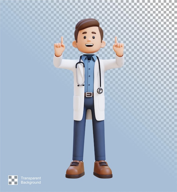 Personagem médico 3D apontando para cima adequado para conteúdo médico