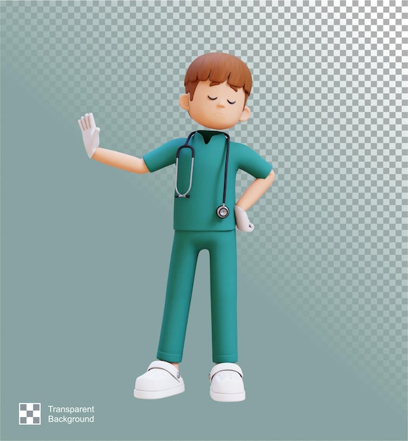 Personagem médico 3D em postura de parada de recusa adequada para conteúdo médico