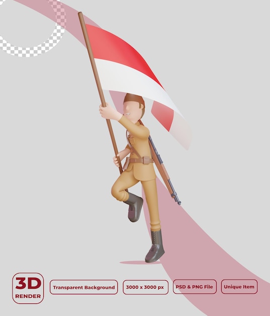 Personagem patriota 3d levantando a bandeira