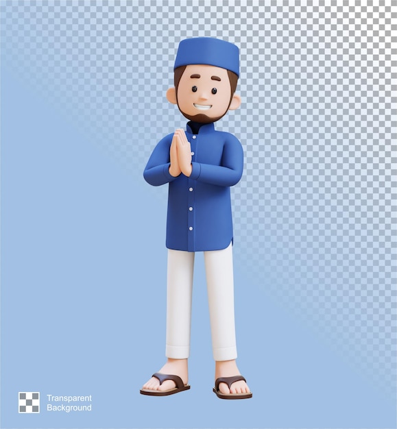 Personagens 3D de Homem Muçulmano dão saudação e postura de boas-vindas