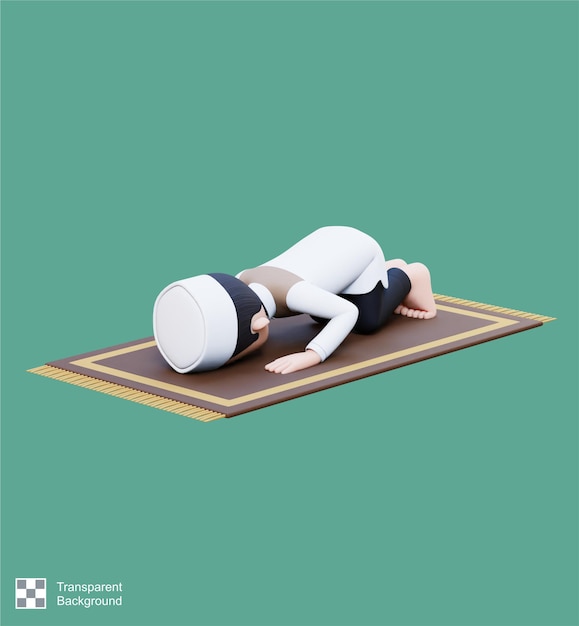 Personagens 3D de homem muçulmano sujud ou prostrado em sholat no ramadã