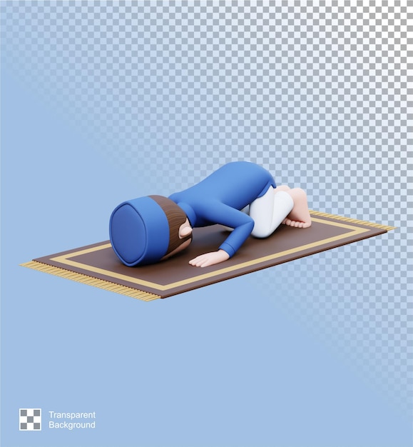 Personagens 3D de homem muçulmano sujud ou prostrado em sholat no ramadã