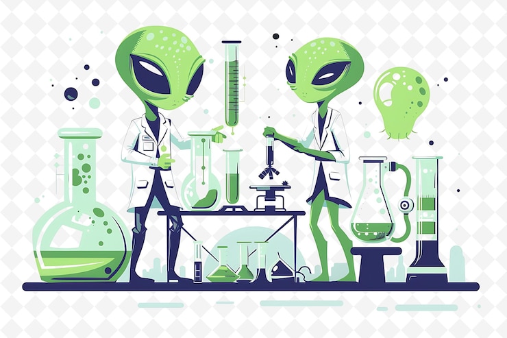 PSD personagens alienígenas conduzindo experimentos design é extraterrestre flat ilustração festival tema arte