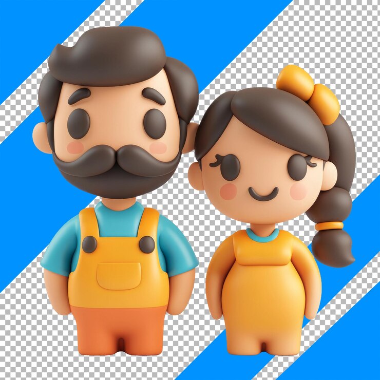 PSD personagens de desenho animado 3d coloridos em fundo listrado azul