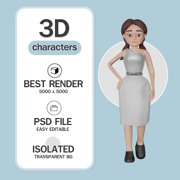 Personagens de negócios de mulher vestindo vestido isolado em renderização 3d de fundo branco