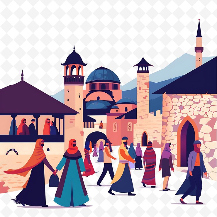 PSD personagens kosovares visitando a fortaleza de prizren design is h ilustração vista da paisagem cultural