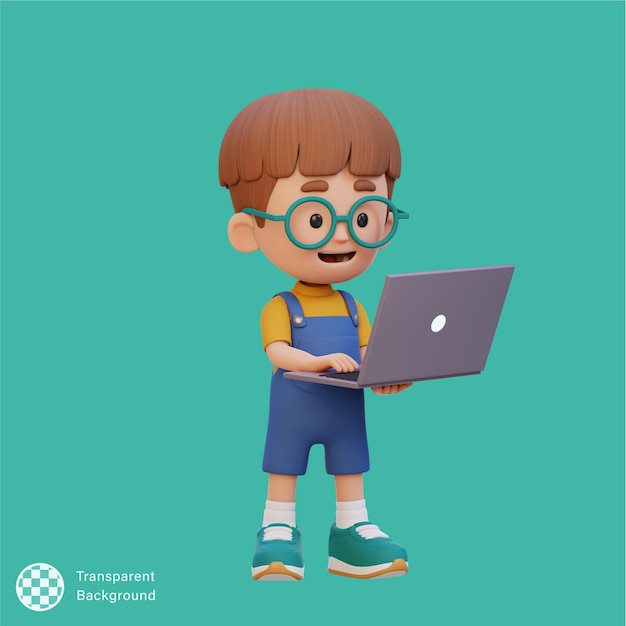 Personaggio 3D che lavora su un portatile